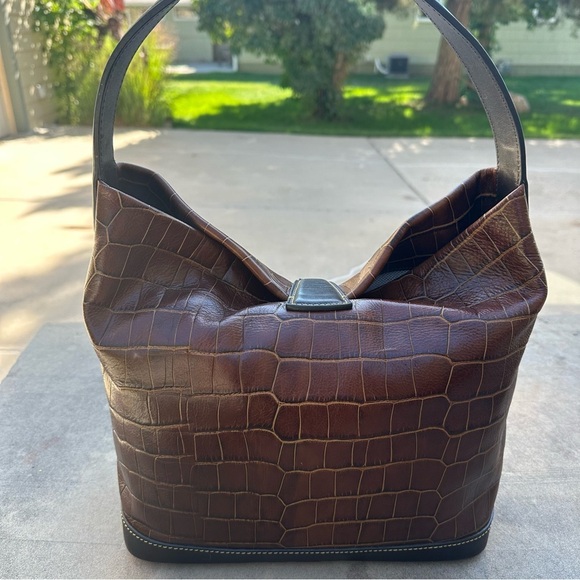 Dooney & Bourke Sac Bag Cognac Croc Embossed Leather Logo Lock Purse Pouch & Key - Picture 3 of 16